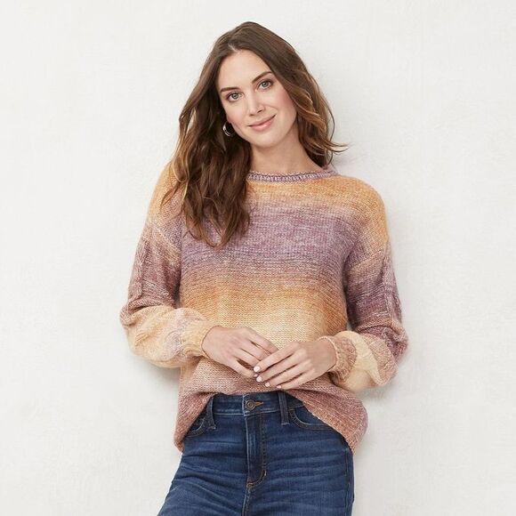 LC Lauren Conrad Braided Cable Sleeve Detail Knit Sweater Ombré Cozy Oversized - Picture 1 of 8